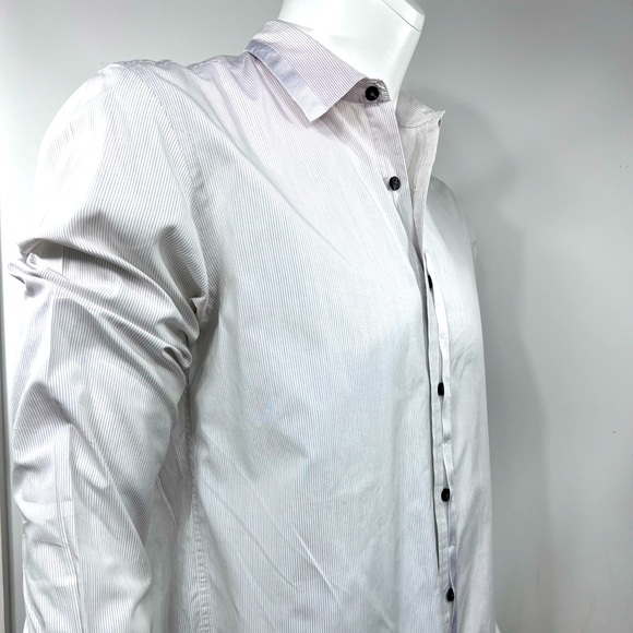 MATERIAL LONDON, 100% COTTON MENS LONG SLEEVES WHITE SHIRT WITH THIN STRIPES - Picture 2 of 13